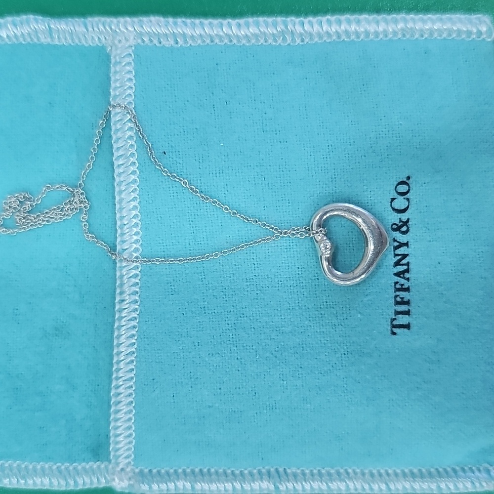 Tiffany& Co.Elsa Peretti Silver Open Heart Pendant Diamond -16mm - 16" Long